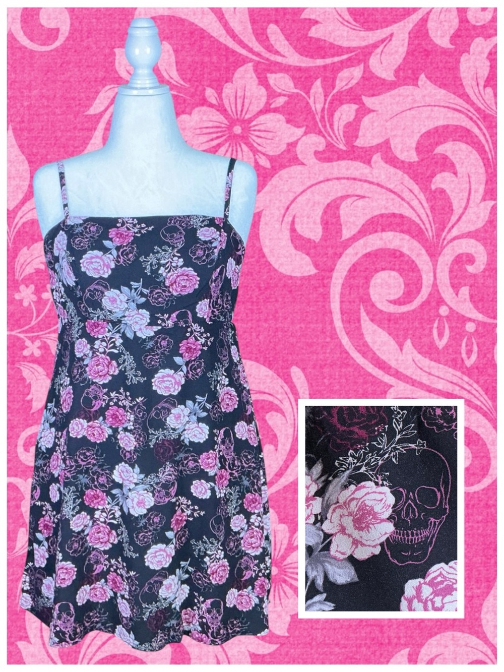 Hot Topic Goth Whimsigoth Punk Grunge Dark Coquette Alt Floral Skull Dress XL